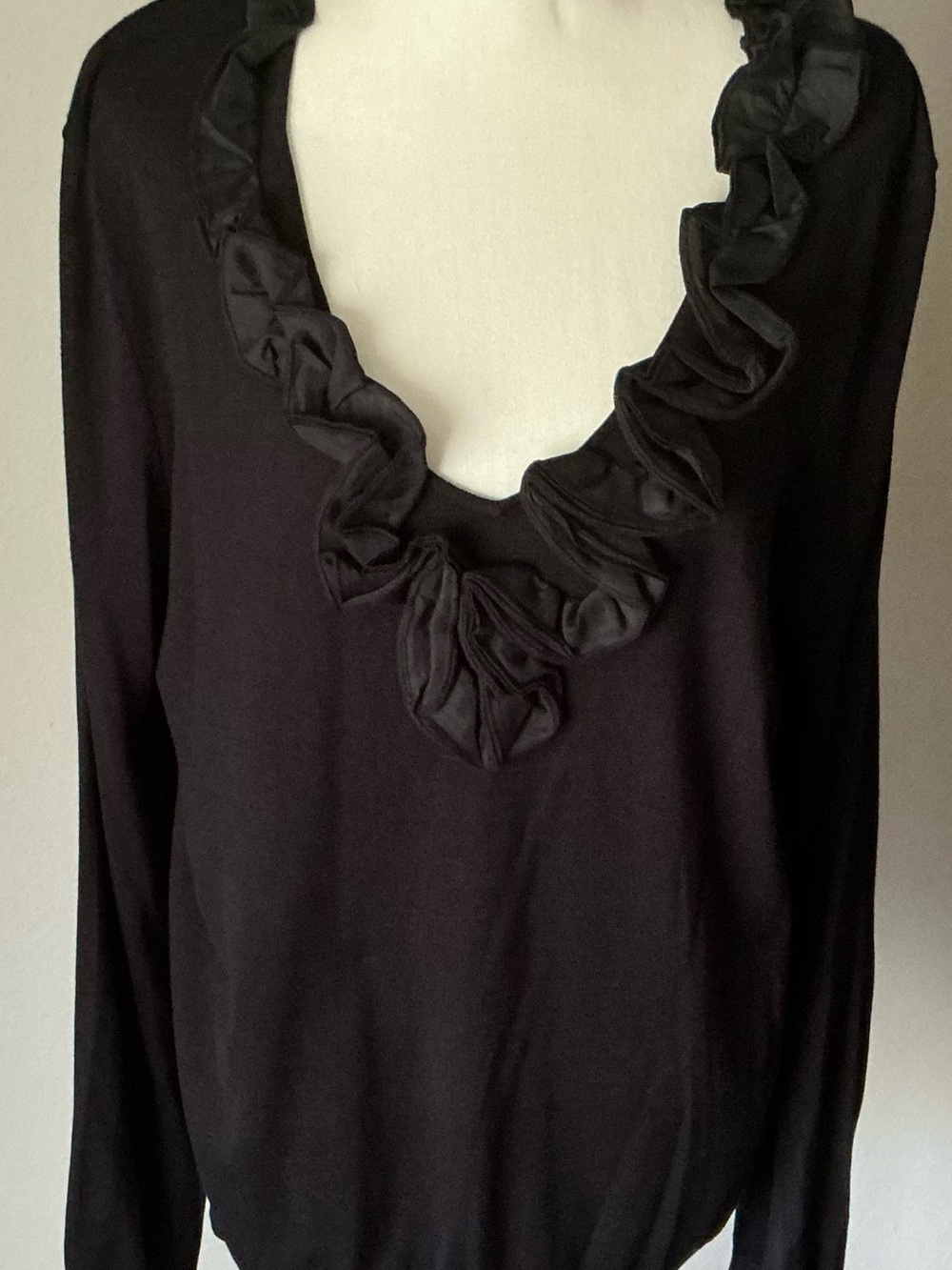 Talbots Black Ruffle-Trim V-Neck Long Sleeve Top